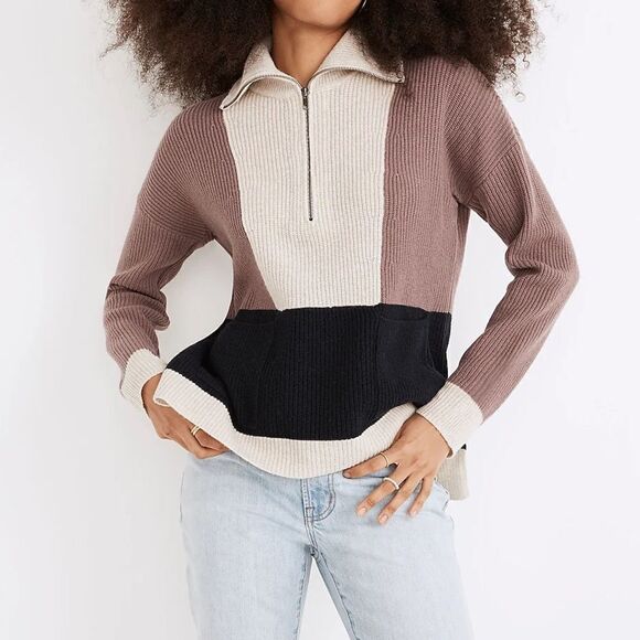 Madewell Sweater Womens Medium Glenbrook Wool Blend Colorblock Half-Zip Pullover - Picture 1 of 7
